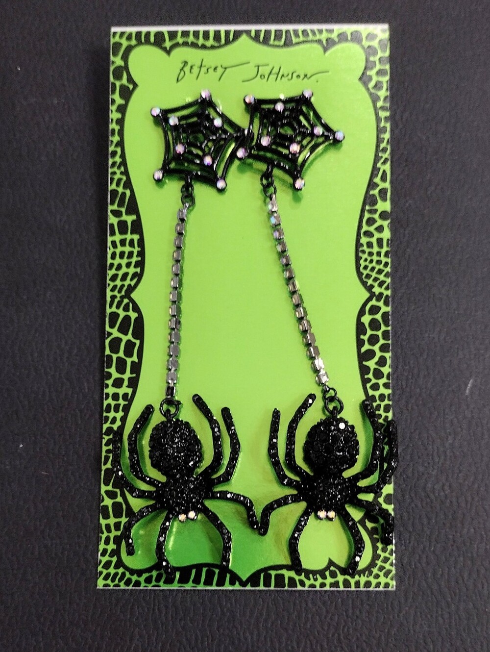 Betsey Johnson Black Spider Web Drop Earrings with Sparkle Chains